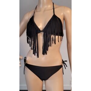 Woman Medium Tassel Black Bikini Top Brazilian Bottom Straps SL4087-3